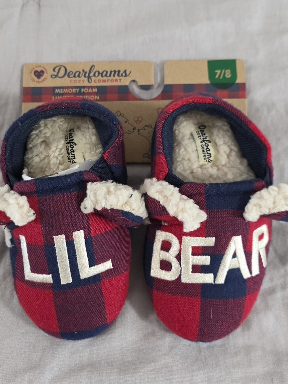 NEW Dearfoams Lil Bear Red and Navy Plaid Memory Foam Slippers Size 7/8